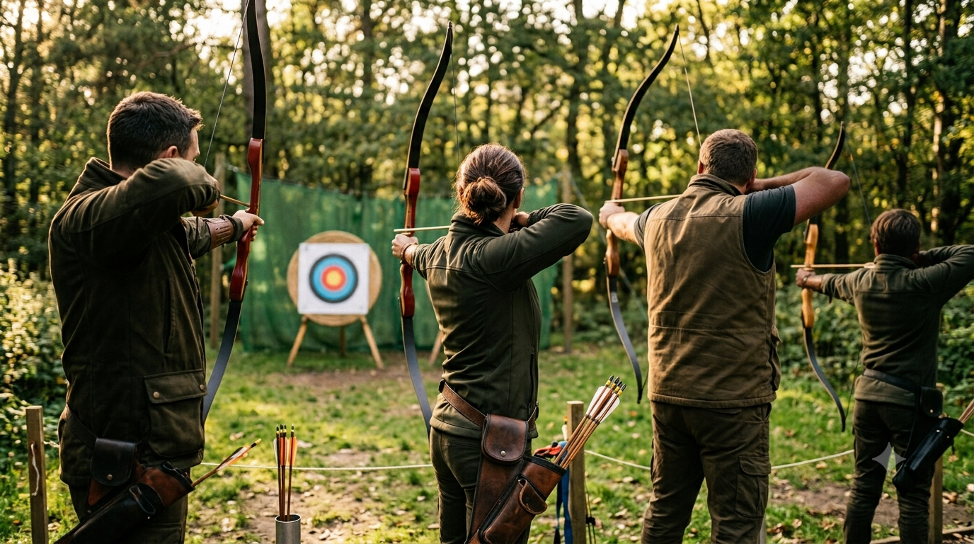 Four archers in the draw position aiming at targets.