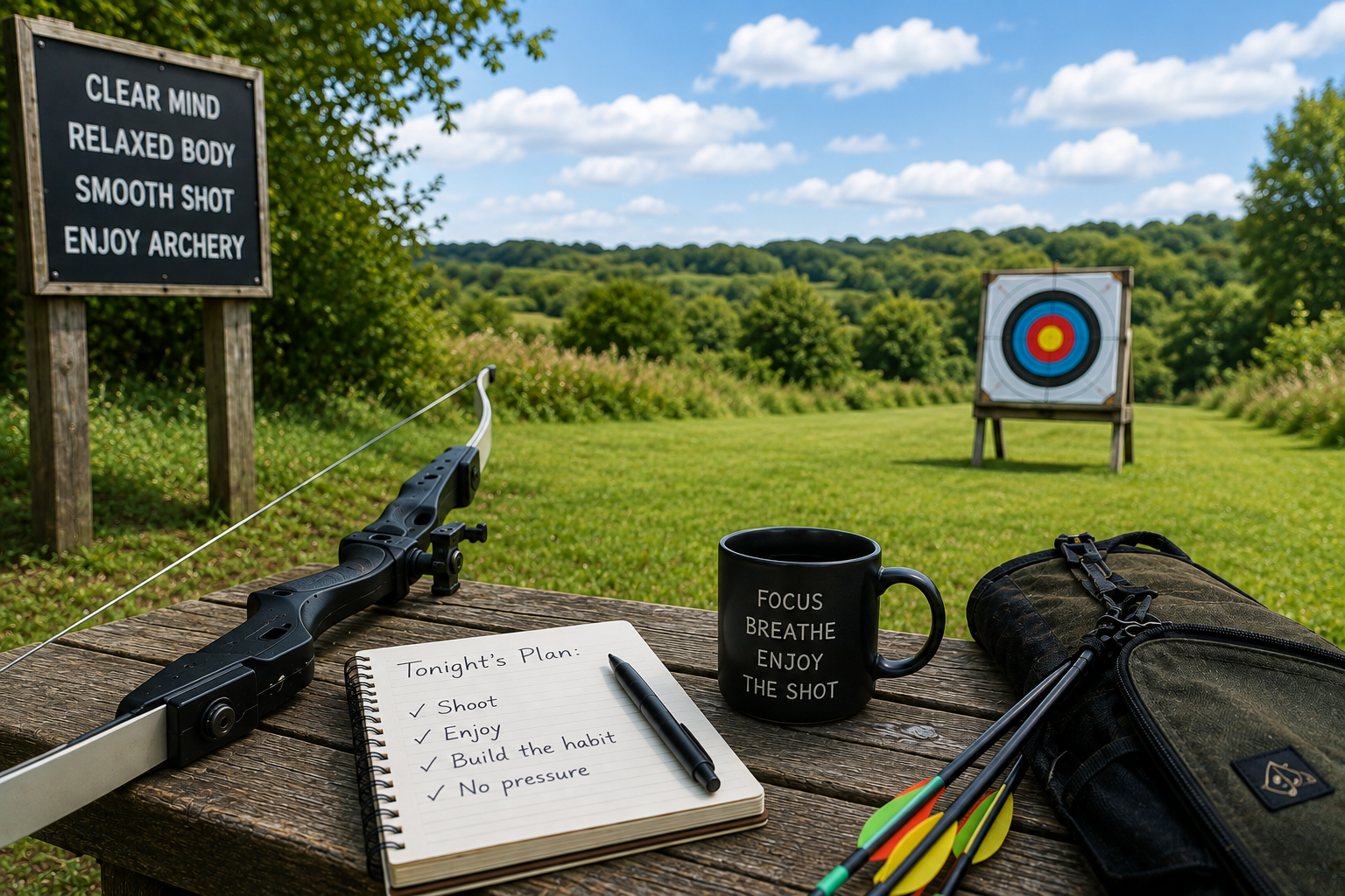 AI generated image showing an archery bow on a table, with a field and archery target in the background.